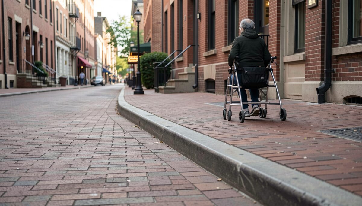 A wide brick sidewalk in Old City with a curb cut ramp, a person using a walker, and historic brick buildings in the background. Illustrative image, generated with AI.