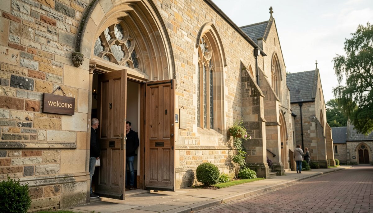 A historic church with an open wooden door and a small welcome sign, with a few people quietly entering. Illustrative image, generated with AI.