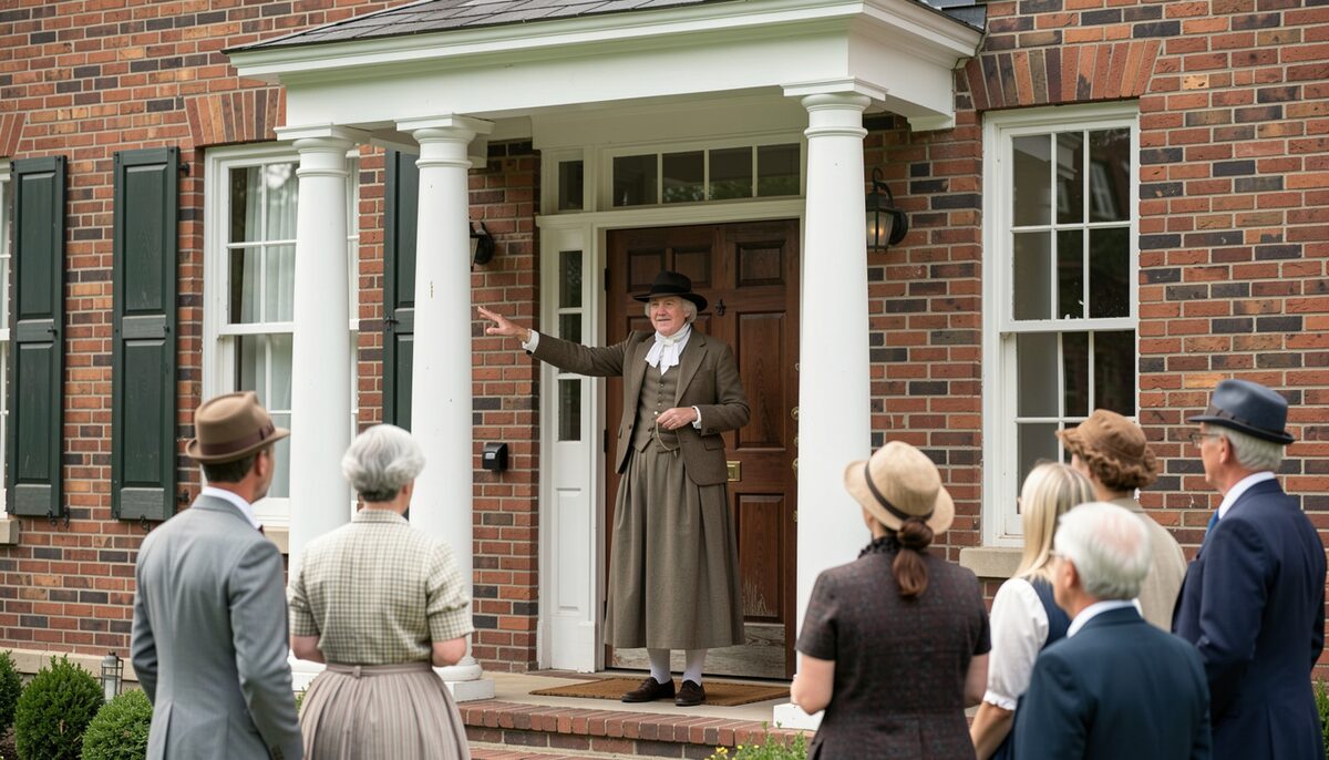 A docent in period clothing welcomes visitors to a historic brick house. Illustrative image, generated with AI.