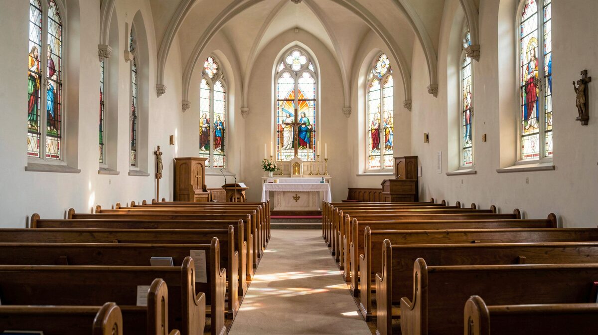 Empty church sanctuary on a weekday morning, soft light through stained glass windows, wide angle from the back pew.