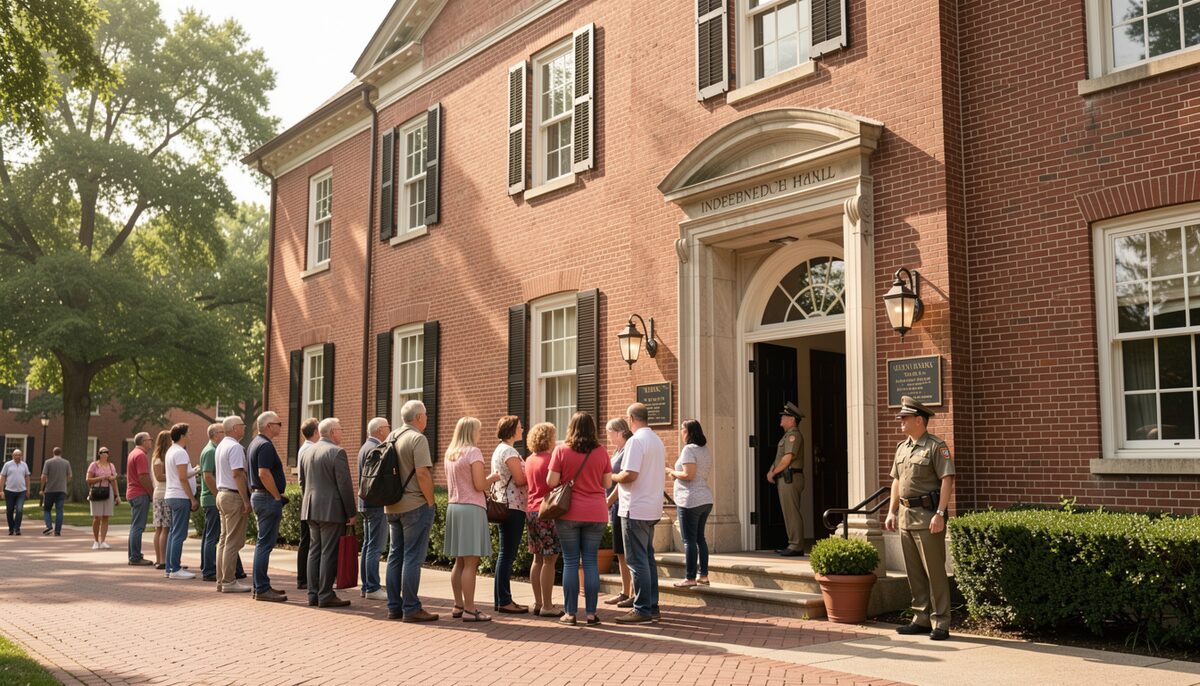 Visitors queuing outside Independence Hall on a sunny morning. Illustrative image, generated with AI.