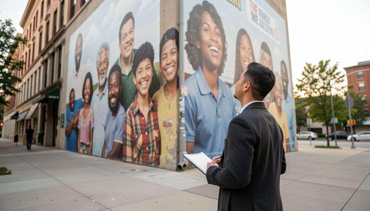 A person standing on a sidewalk looking up at a large building mural depicting community figures, with a notebook in hand. Illustrative image, generated with AI.