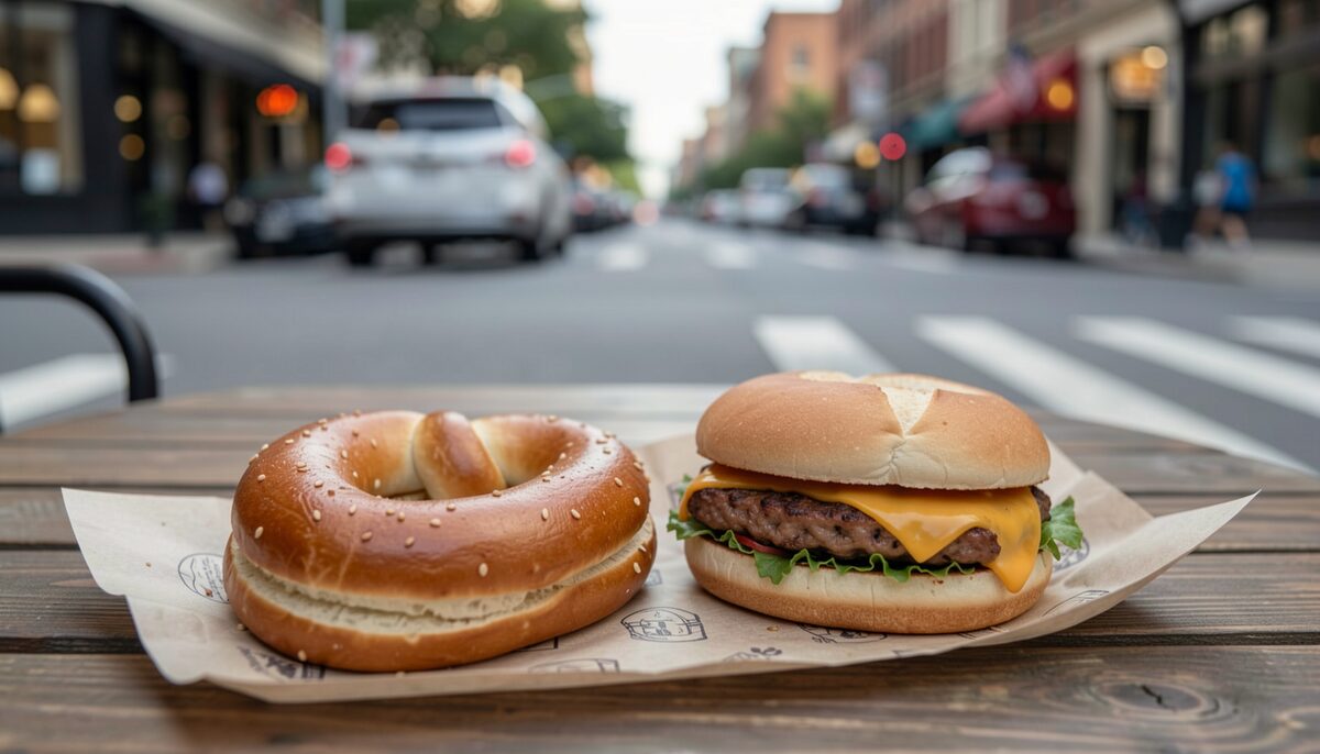 A soft pretzel and a cheesesteak on a paper wrapper at an outdoor table, with a city street softly blurred behind. Illustrative image, generated with AI.