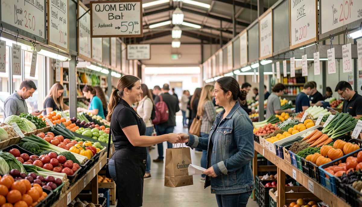 A bustling indoor market aisle with produce stands, a vendor handing a paper bag to a customer, and hanging signs above the stalls. Illustrative image, generated with AI.