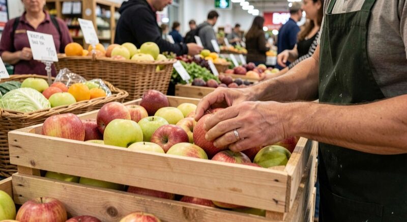 Fresh apples are stacked by hand at a market stall.