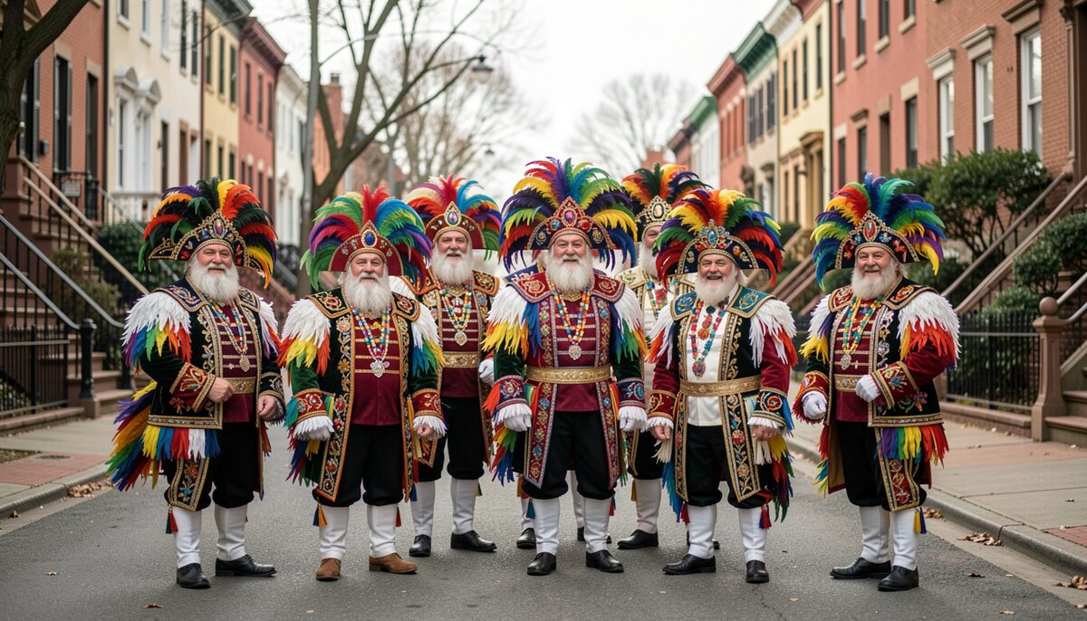 Mummers in feathered costumes on a South Philadelphia street with row houses. Illustrative image, generated with AI.