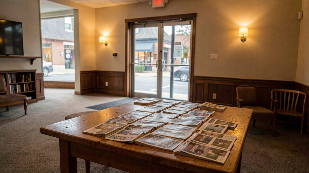 An empty small town theater lobby before a show, warm house lights, rows of folded programs on a table, wide shot from the entrance.